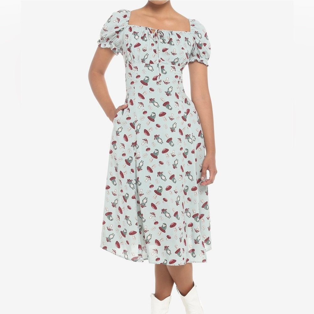 Thorn & Fable mushroom frog print corset back midi dress nwot